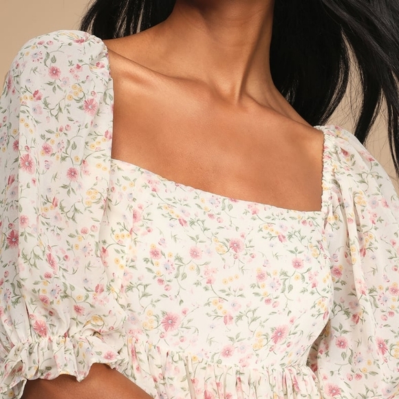 NWT Lulu's Sweet Daydreams White Floral Print Puff Sleeve Mini Dress Lar… - Picture 3 of 10